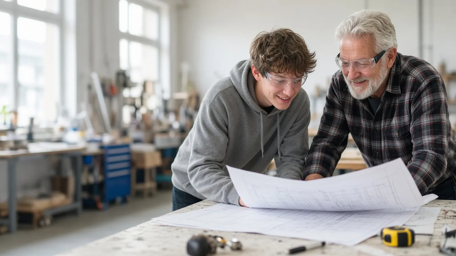 A smiling teen in safety glasses reviews blueprints with a gray-haired mentor at a workshop bench