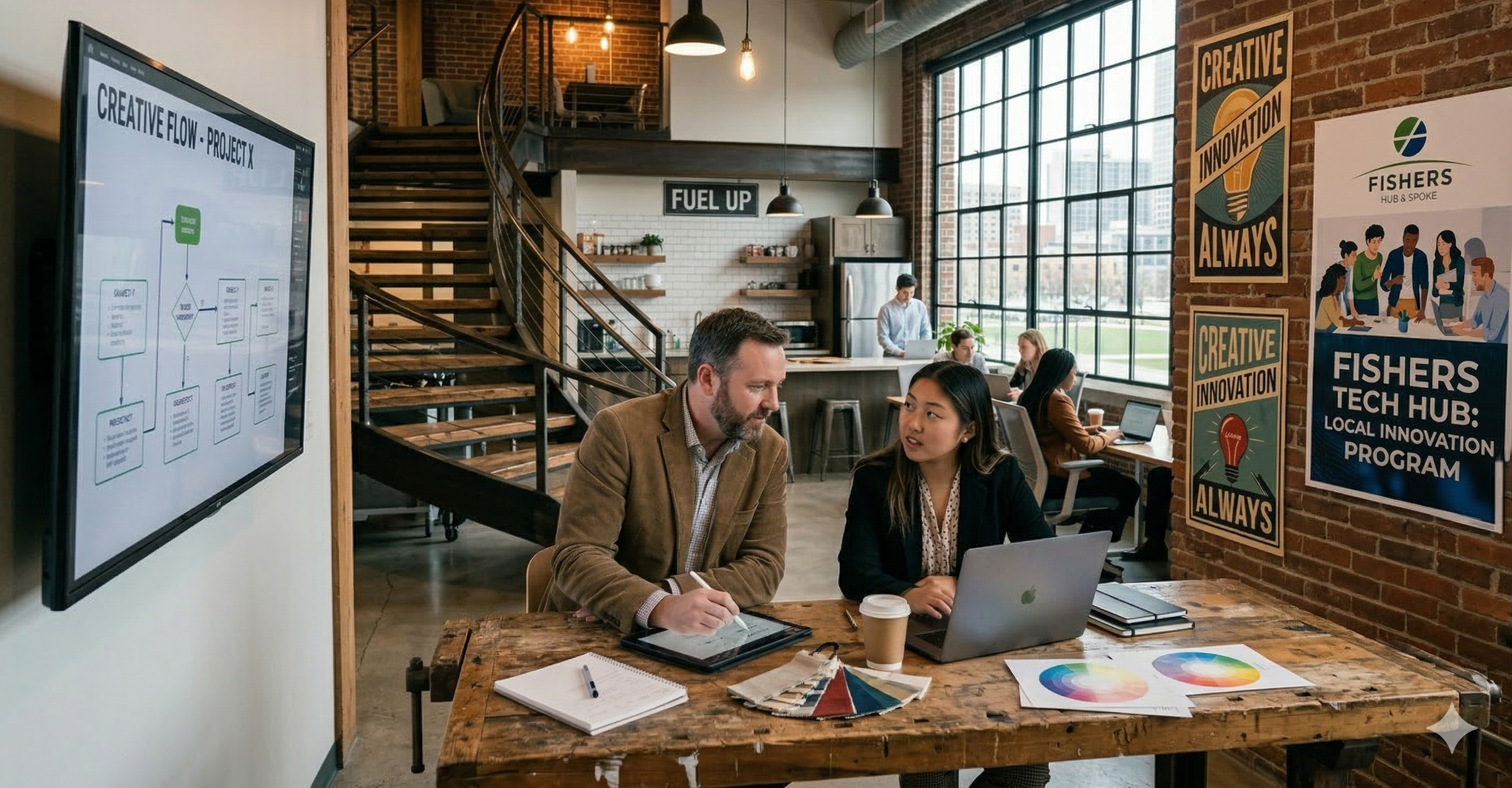 A business owner mentoring a high school intern at a desk in a professional workspace