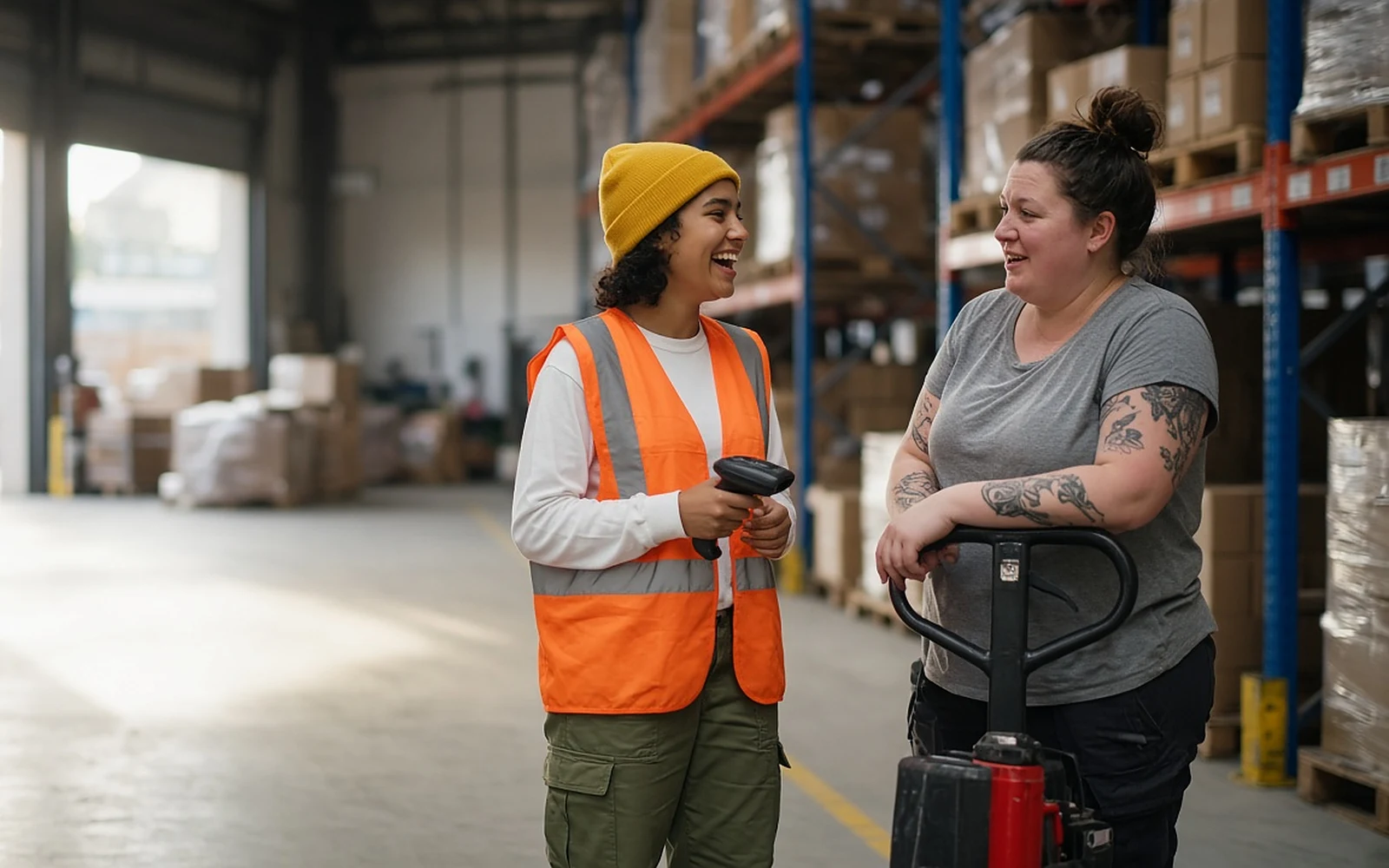 A young worker in a yellow beanie and safety vest laughs with a warehouse supervisor beside a pallet jack