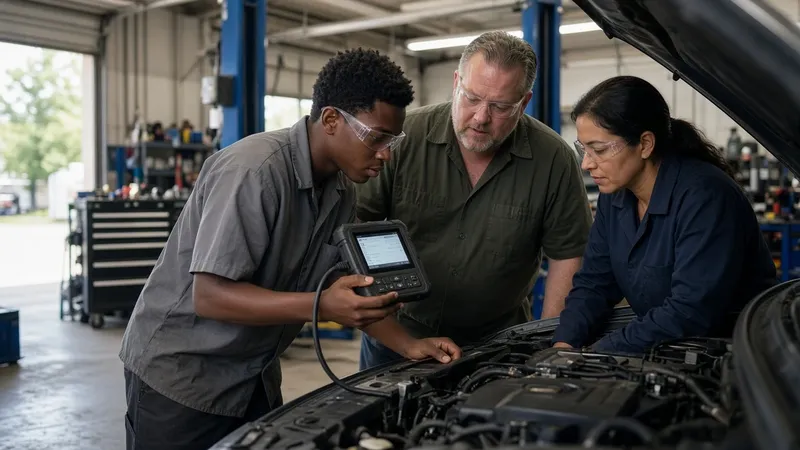 A student in safety glasses reads a diagnostic scanner at an open car hood while the shop owner and a mechanic look on