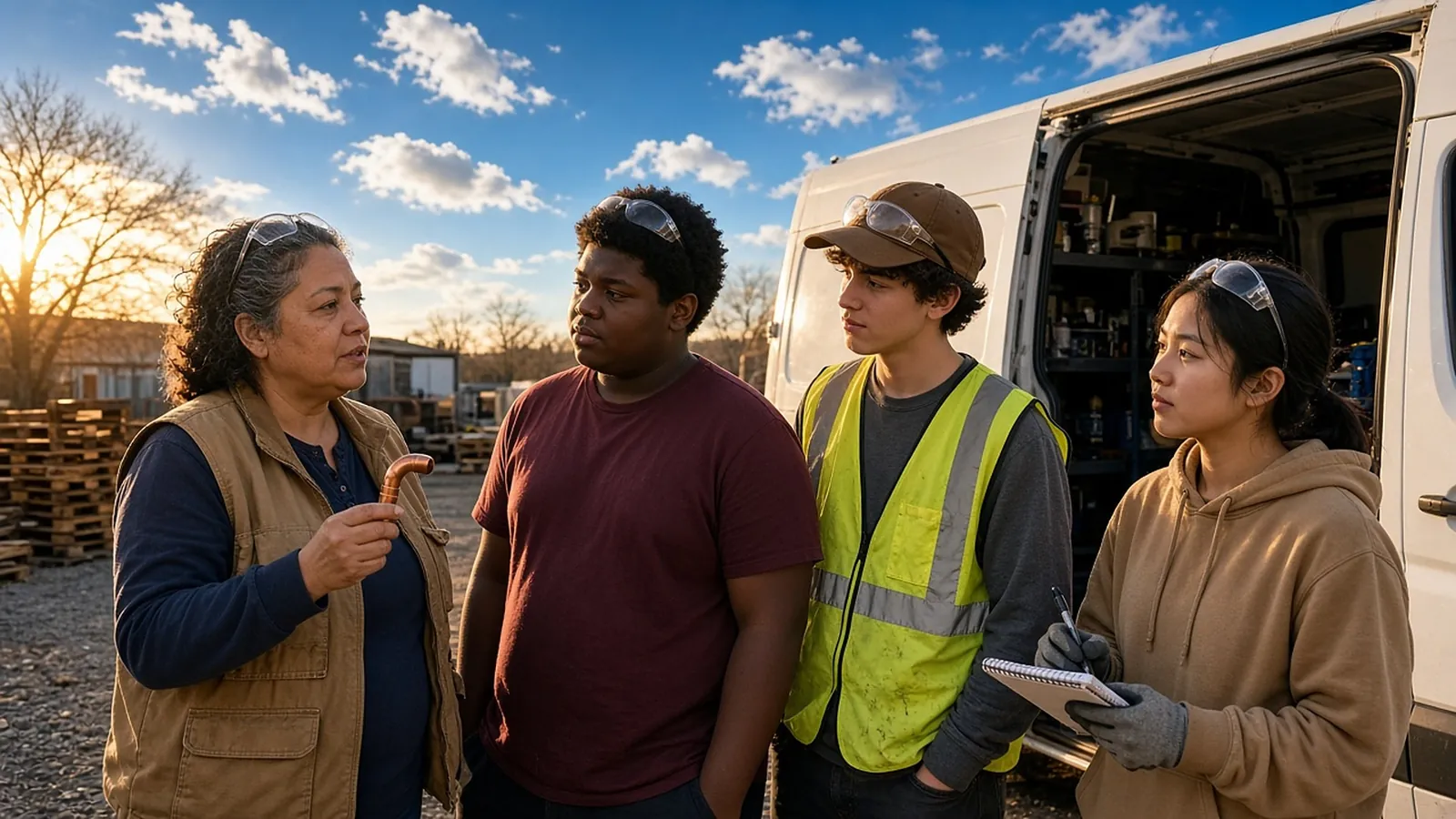 A mentor holding a pipe fitting talks with three young workers, one in a hi-vis vest and one taking notes, beside an open work van at sunset
