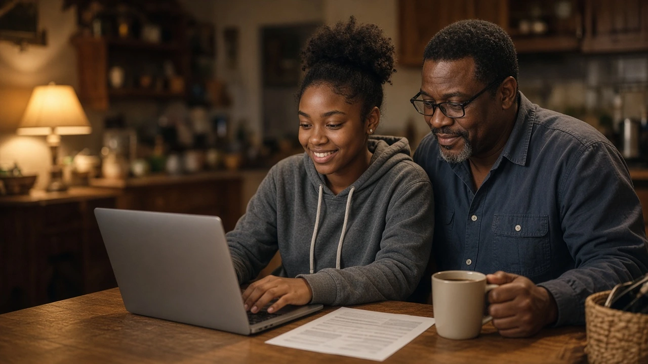 A teen and her dad at the kitchen table reviewing her first paycheck on a laptop