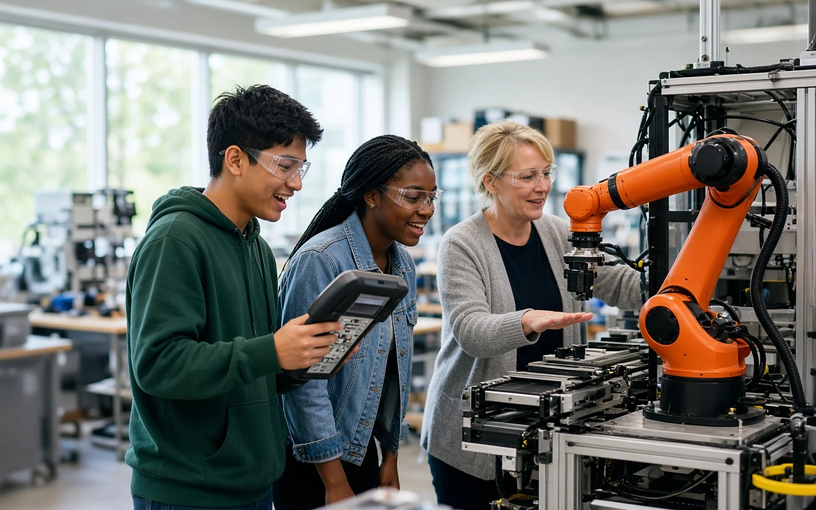 Two students with a tablet watch a teacher demonstrate an orange robotic arm in a school robotics lab
