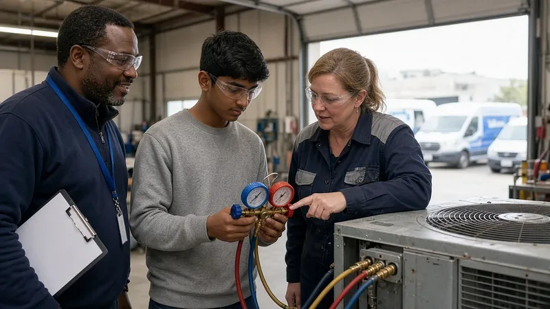 A student in safety glasses reads gauges on an AC unit with an HVAC technician while his school career counselor looks on