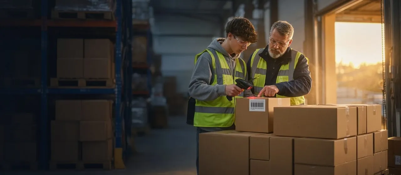 A student in safety glasses scanning a pallet label while a mentor points, in a sunlit warehouse