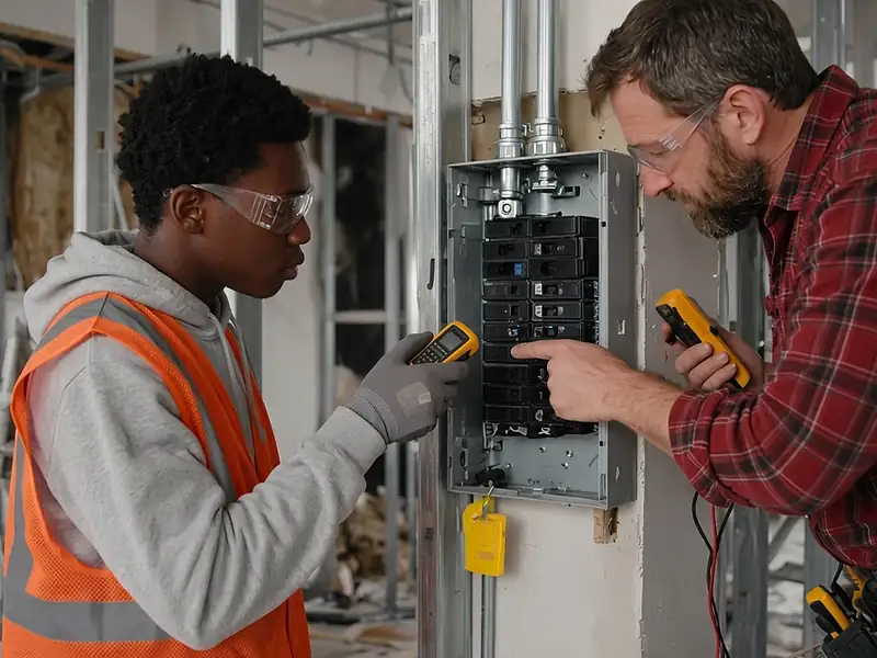 A student in a safety vest uses a multimeter on an electrical panel while an electrician mentor guides him