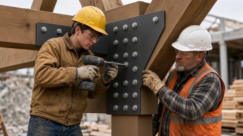 A student uses an impact driver on a steel beam bracket while a carpenter steadies the beam