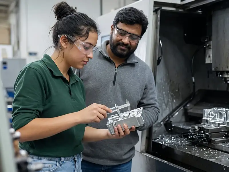 A student in safety glasses inspects a machined aluminum part with a mentor beside a CNC machine