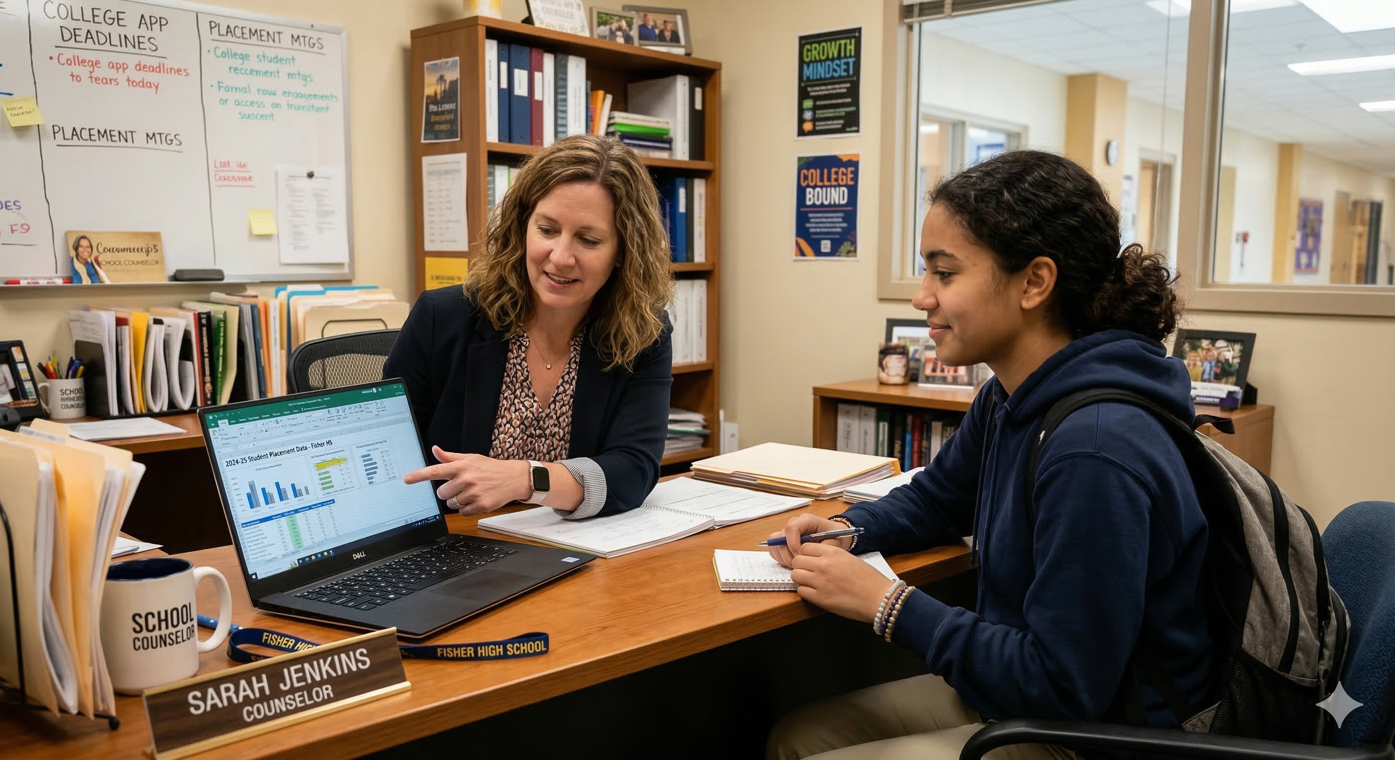 A school counselor reviewing student placement data on a laptop with a student sitting across from them