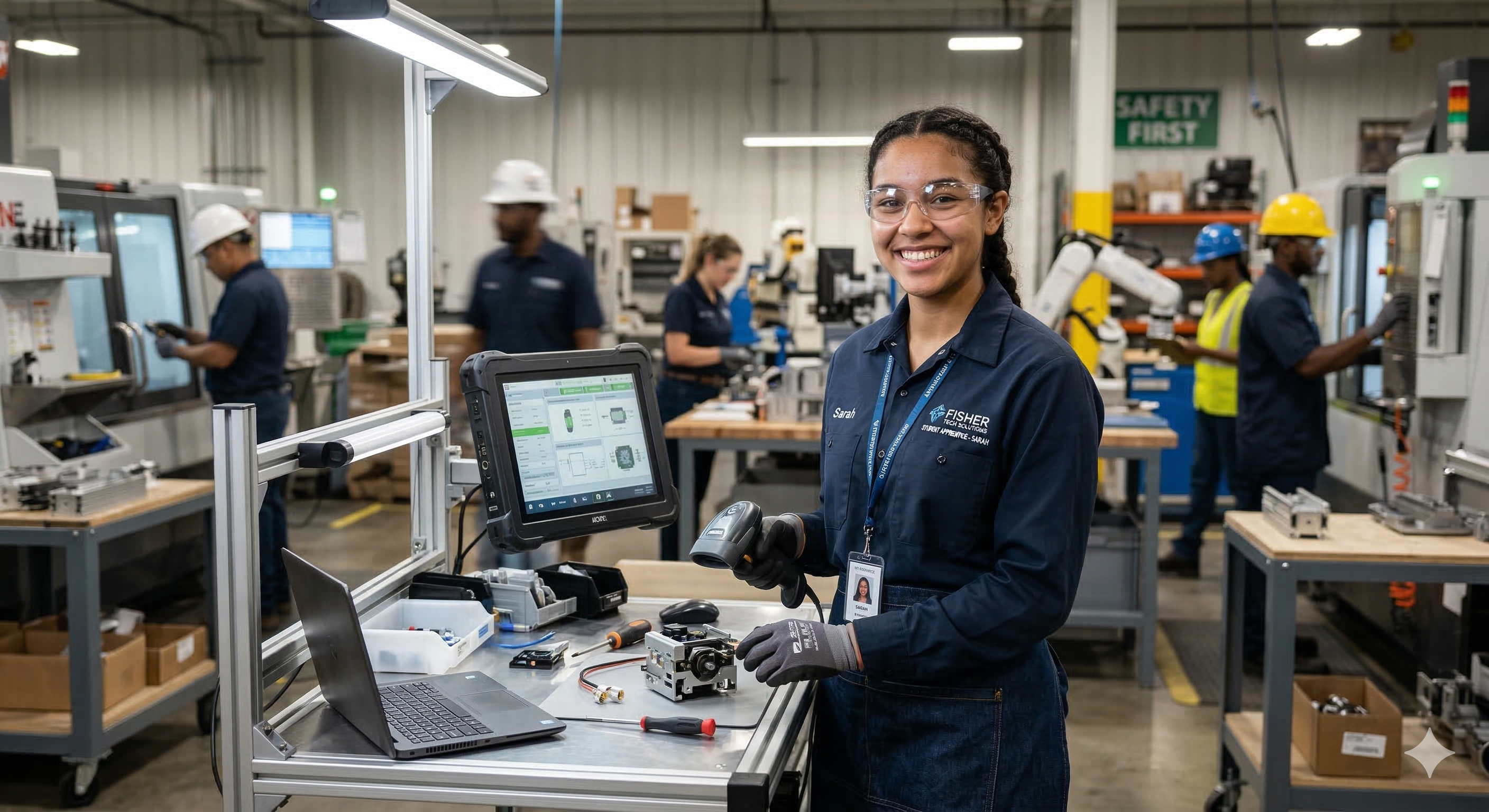 A high school student confidently working at a professional workstation, smiling